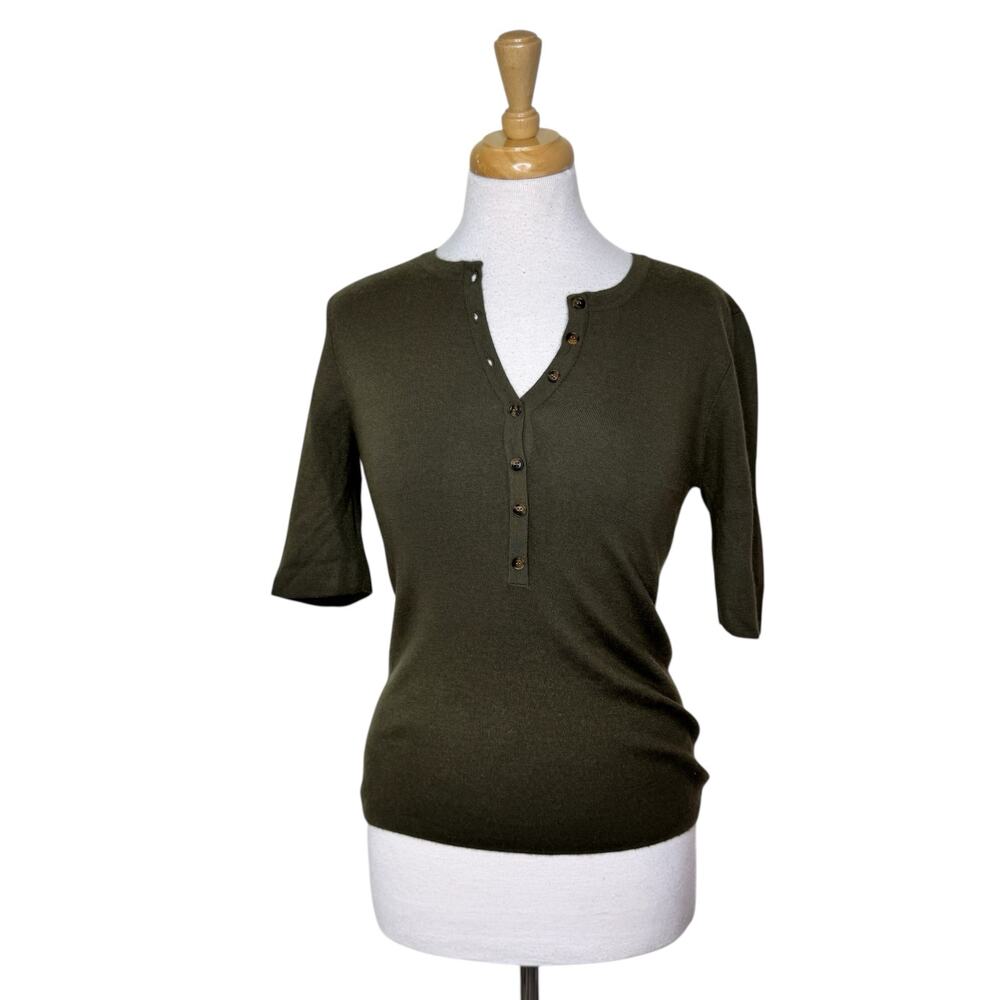 MICHAEL KORS Collection 100% Cashmere Button Up 3/4 Sleeve Sweater Olive Green